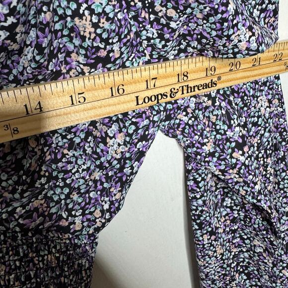 Lulus Black Purple Floral Smocked Peasant Blouse Size M Boho Crop Top - Picture 4 of 9